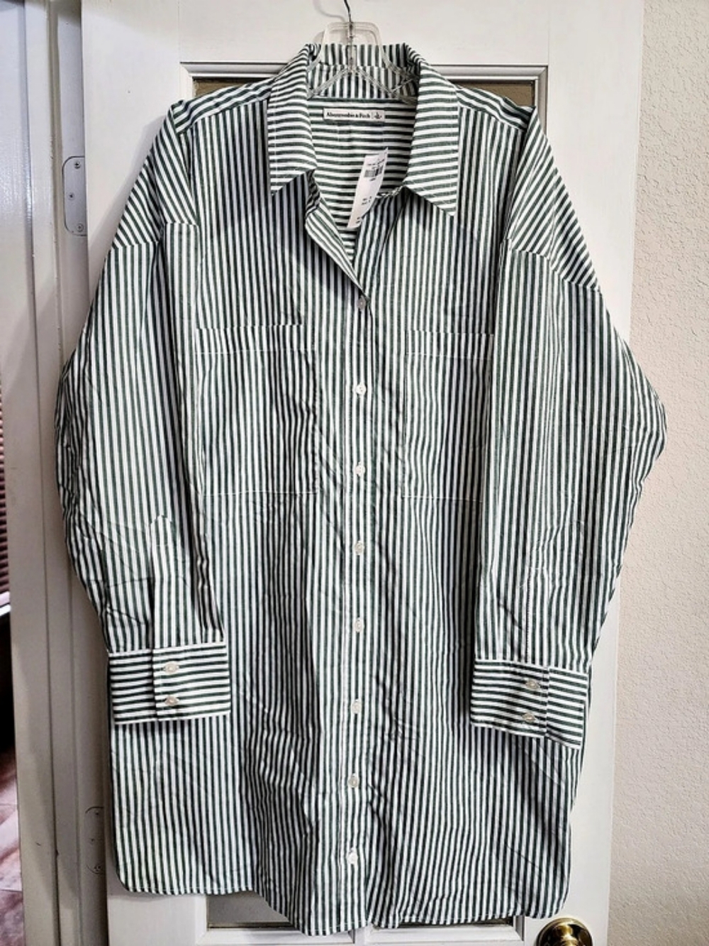 NWT Abercrombie & Fitch Green Striped Button Front Shirt Dress L